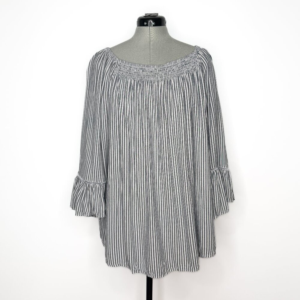 Terra & Sky Striped Off-the-Shoulder Smocked Boho Blouse - 1XL